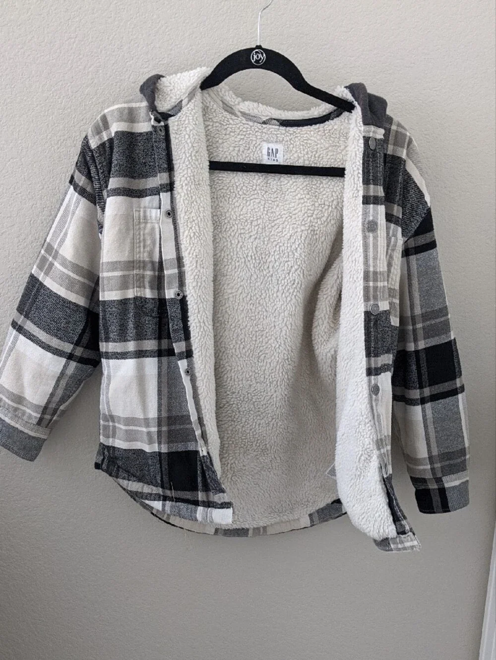 GAP Youth XL Black & White Plaid Sherpa-Lined Hooded Button Shirt Jacket